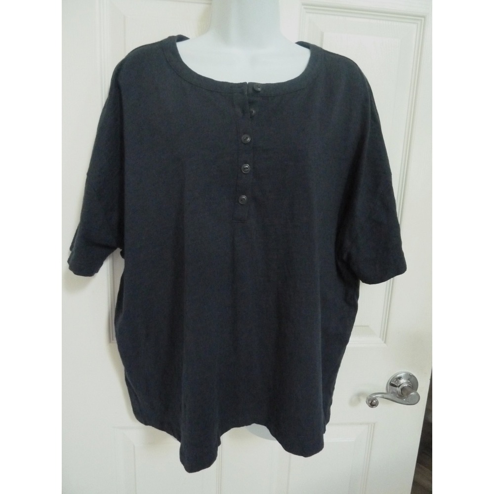 LL BEAN SIGNATURE Plus Sz 1X Henley Tee 100% Cotton Boxy Short Sleeve Navy Blue